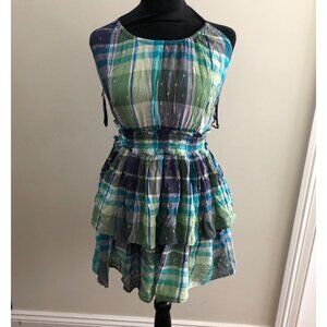 Aerie Blue Green Metallic Plaid Halter Ruffle Mini Dress Small‎ Trendy & Chic